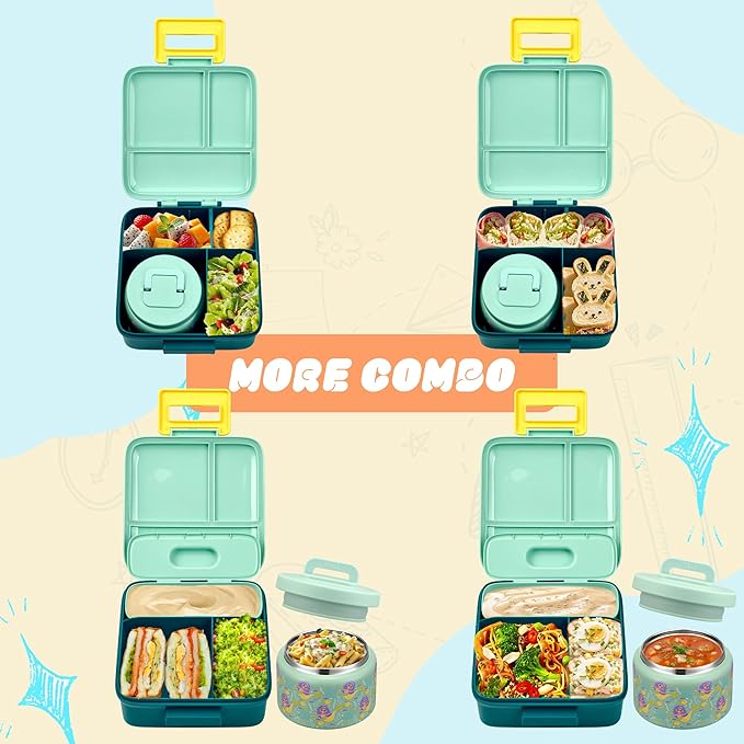 Bento Lunch Box for Kids with 8oz Soup Thermo Leak-Proof Lunch Food Containers with Snack Sauce Container for Kid Girls Boys to School