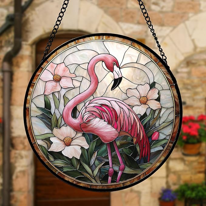 Stained Glass Window Hanging, Flamingo Flower Sun Catchers Diamond Glass Panel Hangings Pink Suncatcher Decor for Birthday for Women, Men, Wife, Aunt, and Mom 9.8 in