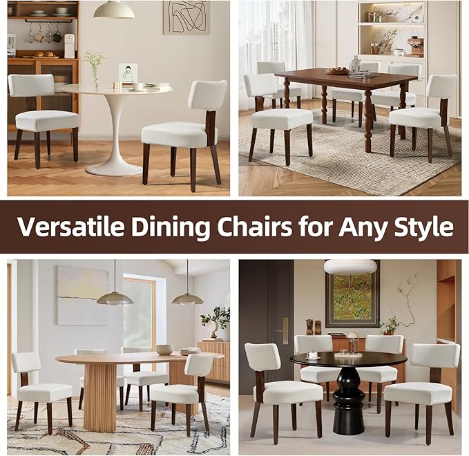 Dining Chairs Set of 4, Fabric Upholstered Wood Kitchen Chairs, Armless Linen Curved Backrest Accent Chair Farmhouse Modern Dining Chairs with Foot Pad for Kitchen/Living Room/Restaurant/Cafe-Beige
