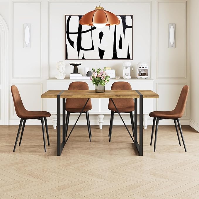 Rustic 5 Piece Dining Room Table Set for 4 People, Mid Century Modern 55 Inch Rectangle Wood Kitchen Dining Table with 4 Fabric Chairs Set, Suitable for Kitchen Dining Room