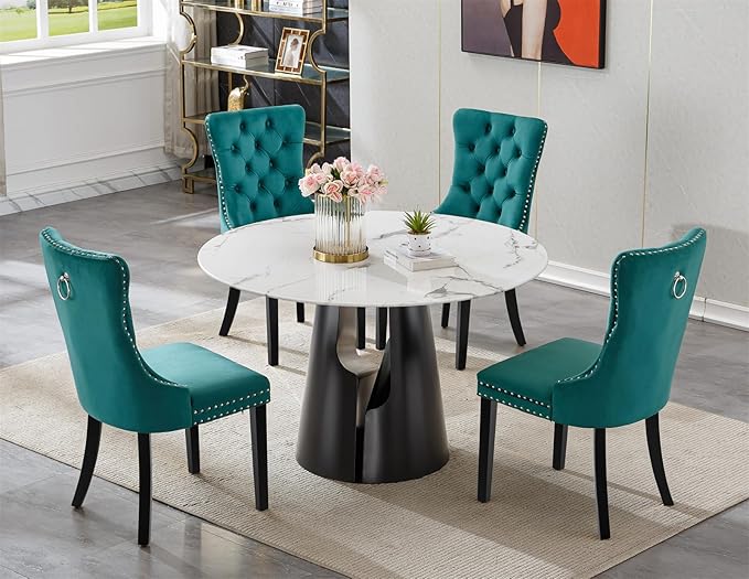 5-Piece Faux Marble Round Dining Table Set for 4, Modern Luxury Kitchen Table Set for 4 with Green Tufted Chairs,Circle Dining Tables with White Marble Grain Top and Black Pedestal Base