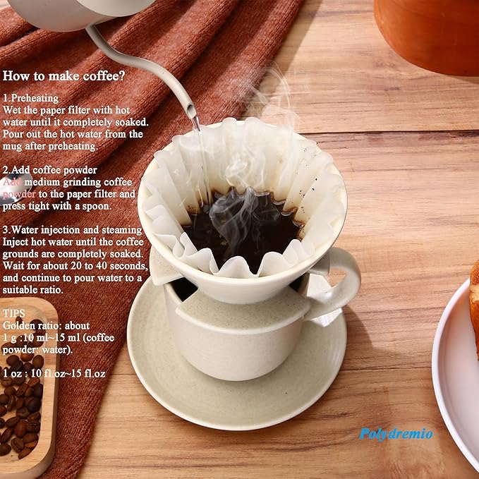 Polydremio Pour Over Coffee Maker, with 50 PCS Basket Coffee Filters, 310 ml/10 oz Mug with Saucer & Coffee Dripper, Ceramic, Off-white