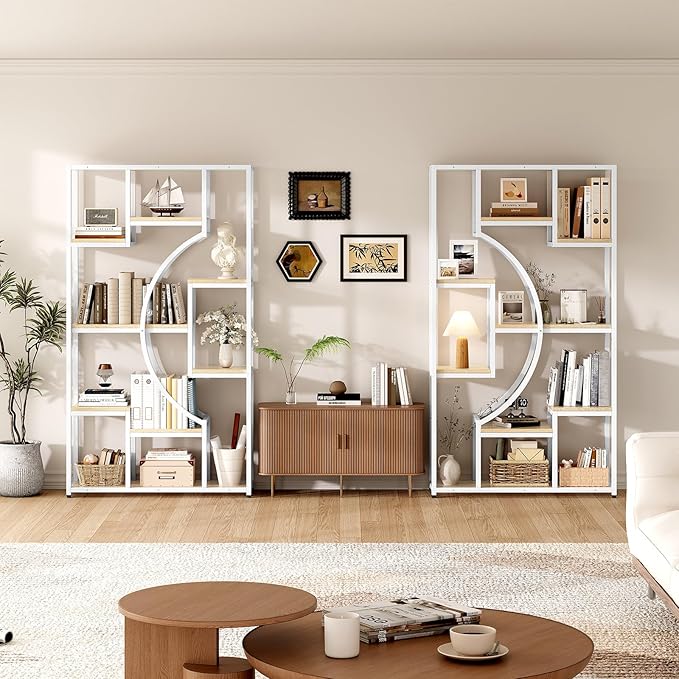 LGHM Bookshelf Set of 2 with Metal Frame, 5 Tier Geometric Bookcase, Adjustable Modern Book Shelf with 18 Open Storage Shelves, Display Shelf for Living Room, Office, Bedroom,Natural Oak