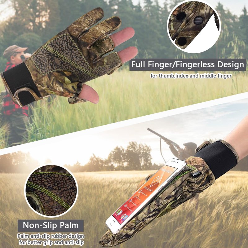 Favuit Camouflage Hunting Gloves, Lightweight Anti-Slip Full Finger Fingerless Touchscreen Camo Gloves Outdoor Tactical Hunting Gear Archery Accessories for Turkey Fishing Airsoft (Black L)