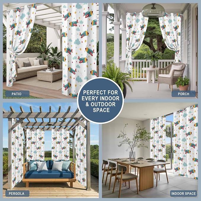 Turquoise Airplane Waterproof Outdoor Curtains