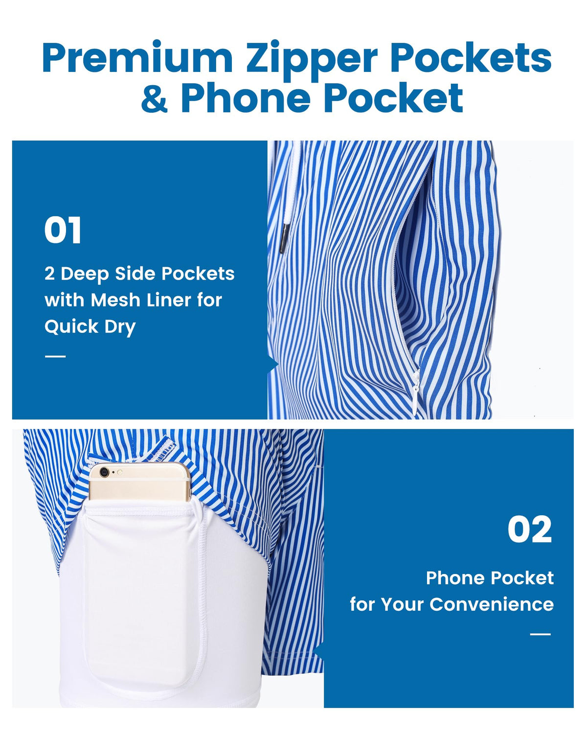 maamgic Mens Swim Trunks with Compression Liner 5 Inch, Quick Dry Bathing Suit with Zipper Pockets, Stretch No-Chafing Swim Shorts, Blue White Stripe X-Large