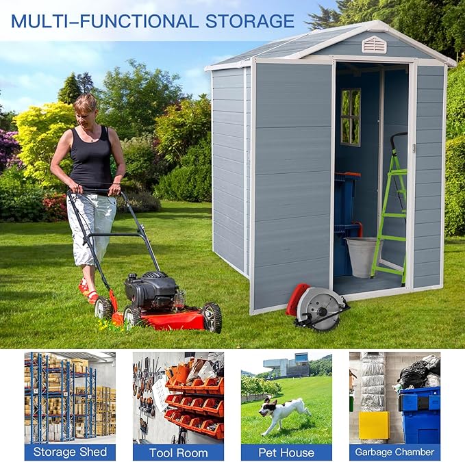 6x4 FT Outdoor Storage Resin Shed with Floor, Waterproof Plastic Garden Tool Shed with Windows, Vents & Lockable Door and Sloped Roof, Easy to Assemble Bike Shed for Patio, Backyard, Lawn, Grey