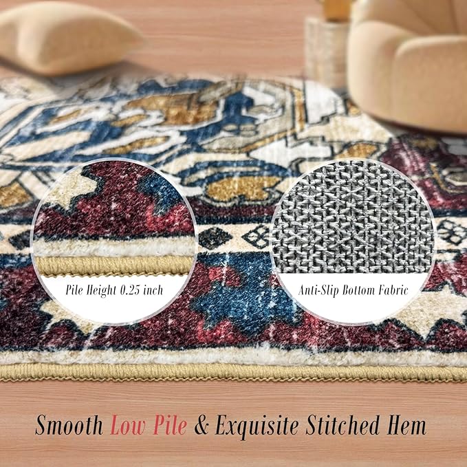 RUGSURE Washable Area Rugs - Perfect for Living Room, Bedroom, Kids Room, Nursery - Stain & Water Resistant Non-Slip, Pet & Child Friendly, Vintage Tribal Area Rugs (Rust and Bule, 9' x 12')