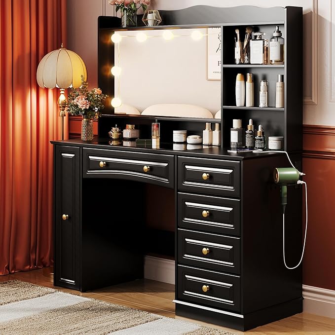 Maupvit Makeup Vanity with Mirror and Lights,Black Vanity Desk with Drawers and Shelves，Large Makeup Table with Glass Top，Bedroom Dressing Table,47.1in