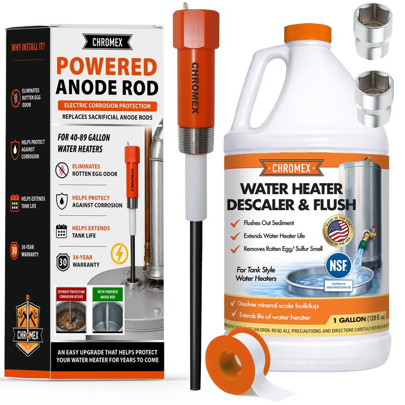 Powered Titanium Anode Rod Kit for Water Heater 40-89 Gallon with NSF Certified Flush and Descale Solution, Not for Bradford White