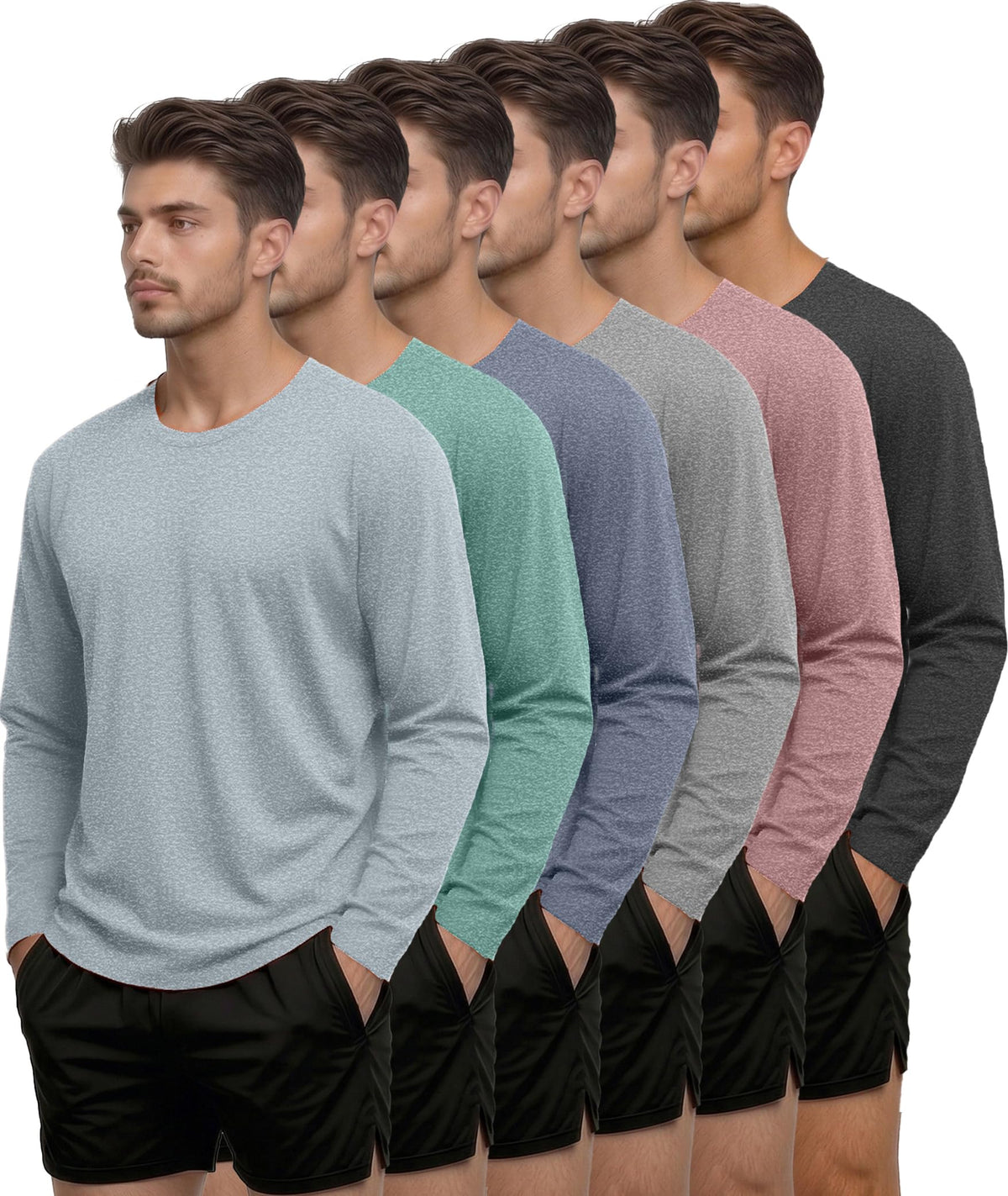 Kinglaman 6 Pack Men Dry Fit Workout Long Sleeve Athletic Gym UPF 50+ SPF UV Sun Protection Quick Dry Lightweight Shirts 1 Black 1 Gray 1 Heather Gray 1 Blue 1 Red 1 Green Large