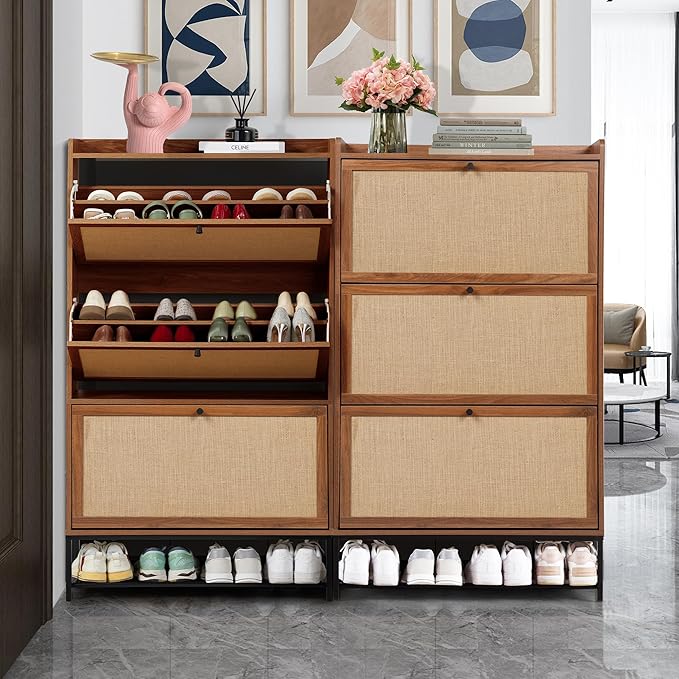 LEVNARY Shoe Storage Cabinet with 3 Flip Drawers, Freestanding Shoe Cabinet Storage Organizer for Entryway, Wooden Narrow Shoe Racks Cabinet with Metal Legs for Hallway (Walnut)
