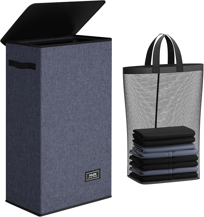 SOLEDI Slim Laundry Hamper with Lid, Narrow Laundry Basket with Removable Bags, Dirty Clothes Hamper with handle, Small Hamper perfect for Laundry room, Bathroom, Bedroom, Small spaces. 70L Navy Blue