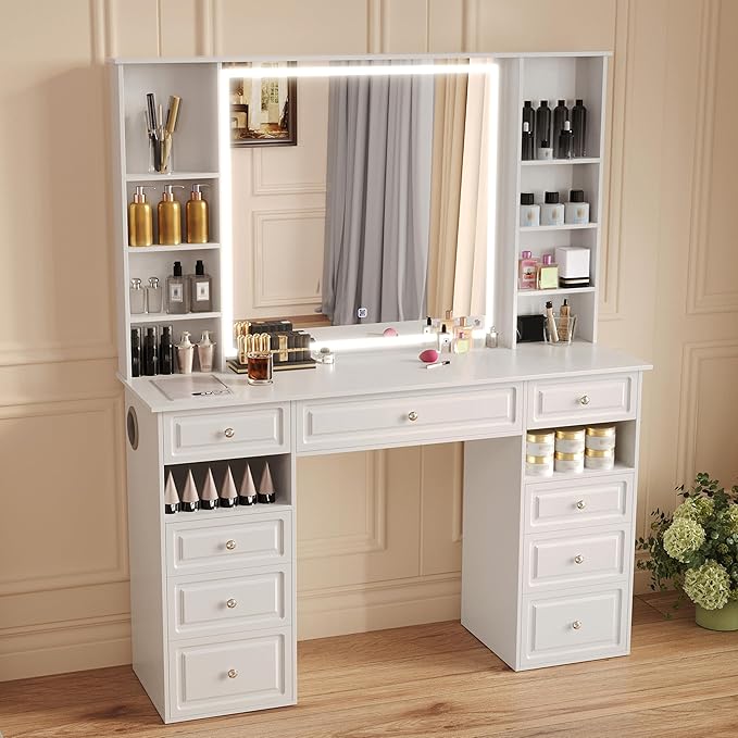 Vanity Desk with Mirror and Lights, Makeup Vanity Desk with Facial Mask Box, Dressing Table with Bluetooth Speaker, Makeup Vanity Set with Wireless Charger, 9 Drawers and 10 Shelves (47" W, White-A)