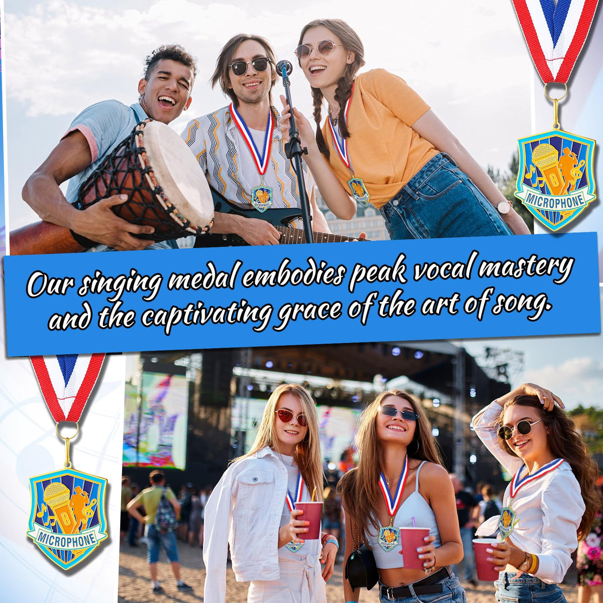 Loetere 12 Pcs Award Medals with Neck Ribbons 2.4 Inch Winner Medals Bulk Metal Award Prizes for Talent Shows Academic Competitions Tournaments Team Events(Microphone)