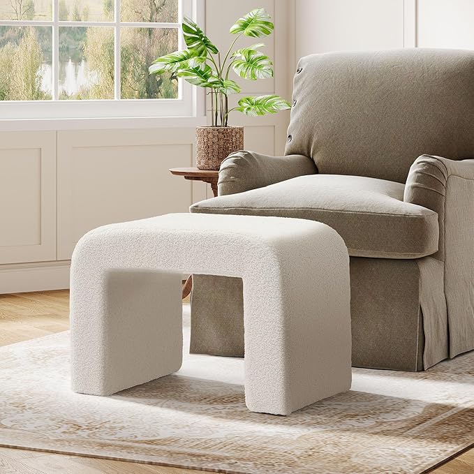 Tribesigns Foot Stool for Couch, Modern Boucle Vanity Stool Chair, Large Faux Sherpa Ottoman Foot Rest, Arched Shoe Bench or Entryway, Upholstered Extra Seating for Living Room, Fully Assembled, White