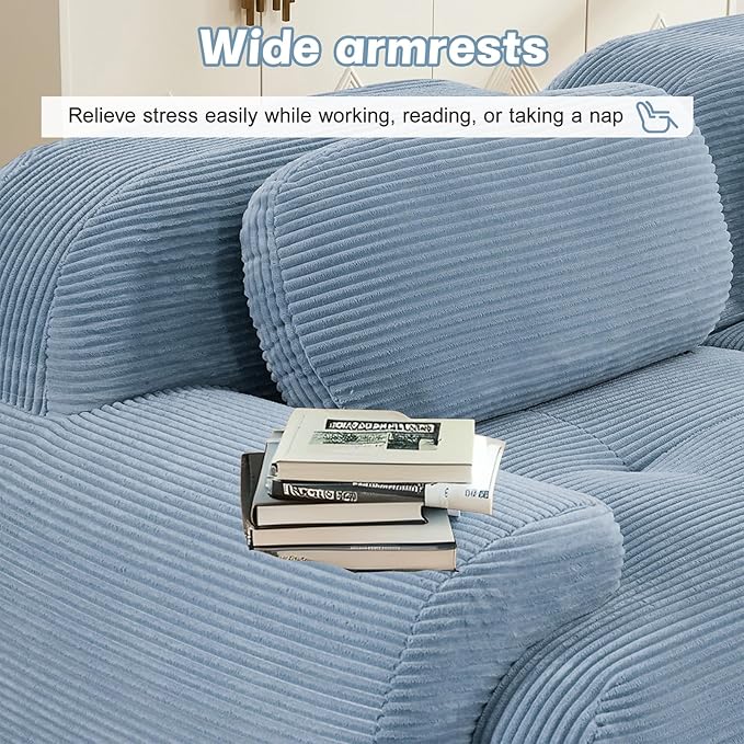 116" Modern Compressed Boneless Couch with Ottoman, 3 Seater Large L Shaped Sectional Couches for Living Room, Blue Corduroy Cloud Modular Sectional Sofa, Memory Foam, Extra Deep, No Assembly