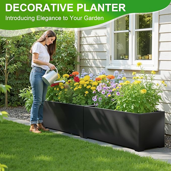 Metal Planter Box 36" L x 15" W x 15" H, Rectangular Trough Planter Box with 6 Drainage Holes & Raised Bottom, All-Weather Garden Planter Box for Outdoor Patio/Porch, Lawn, Black