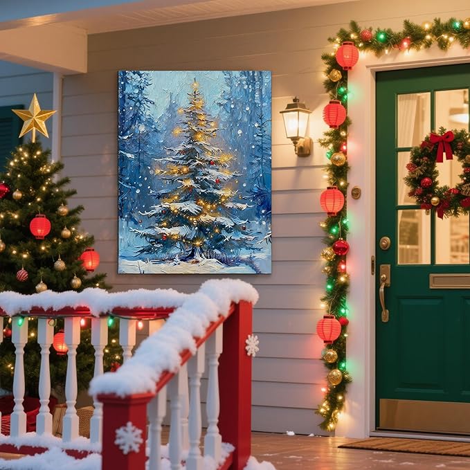 Framed Christmas Pictures Wall Decor,Vintage Pine Tree Prints,Winter Christmas Canvas Wall Art Decoration for Bedroom Bathroom Living Room Rustic Xmas Holiday Gifts (Christmas Tree 1, 12'' X 16'')