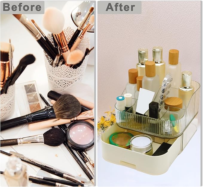 VOCOSTE 1 Set Makeup Organizer with Stackable Drawer, 7 Grids Makeup Organizer for Countertop Vanity, Skincare Organizers Cosmetic Display Cases, Clear White