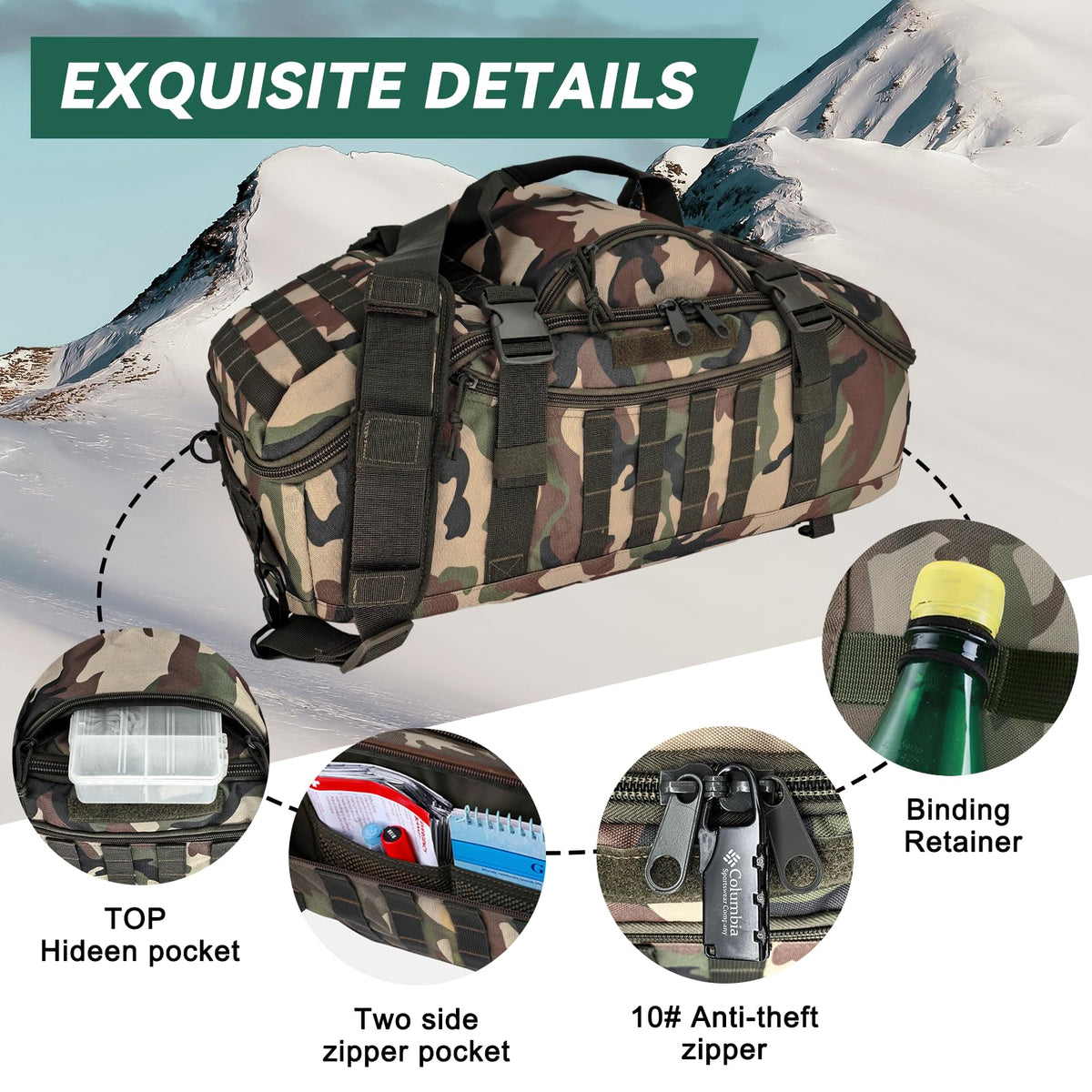 Hannibal Tactical 65L Large Duffle Bag, 3-in-1 Tactical Backpack MOLLE Pack for Gym, Sports, Outdoor, Woodland