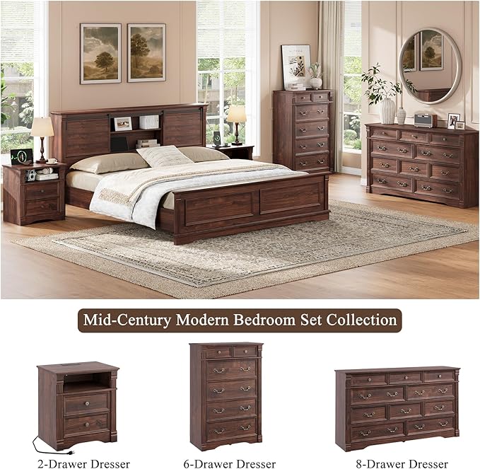 Walnut Dresser for Bedroom, Farmhouse 6 Chest of Drawers, 47" Tall 6 Drawer Dresser Storage with Wood Pilasters and Metal Handles, Vintage Design, Drawer Organizer for Bedroom, Hallway