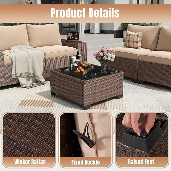 Aoxun 7 Pieces Patio Furniture Set with 44” Fire Pit Table Wicker Rattan Outdoor Sectional Conversation Set with Coffee Table and 4” Thickened Cushions, Beige (Waterproof Cover Included)