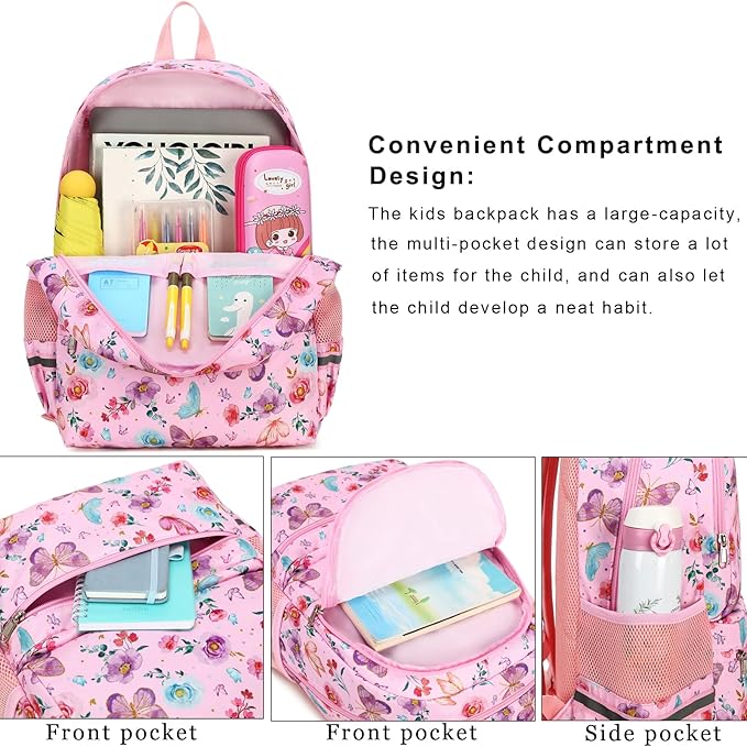 DSIUE Kids Backpack for Girls Elementary BookBags Teens Middle School Backpack with Lunch Box Butterfly Lake Blue