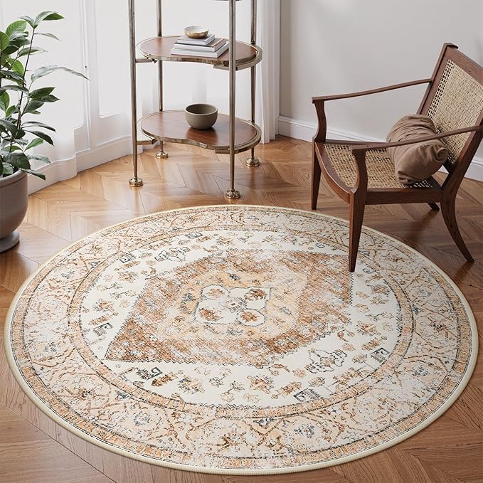 Lahome Boho Round Rug - 3Ft Washable Area Rug, Non-Slip Small Bathroom Rug, Lightweight Bedroom Throw, Oriental Distressed Print Carpet for Entryway, Sofa, Nursery, Kids Room