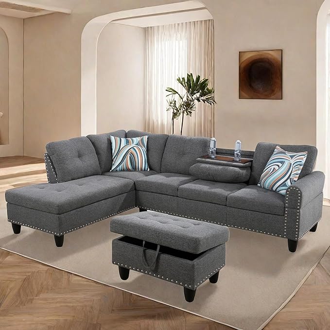 Large Storage Ottoman Sectional Sofa, L-Shaped Couch with Reversible Chaise, Space Saving Design, Gray Fabric with Accent Pillows. (Light Gray)