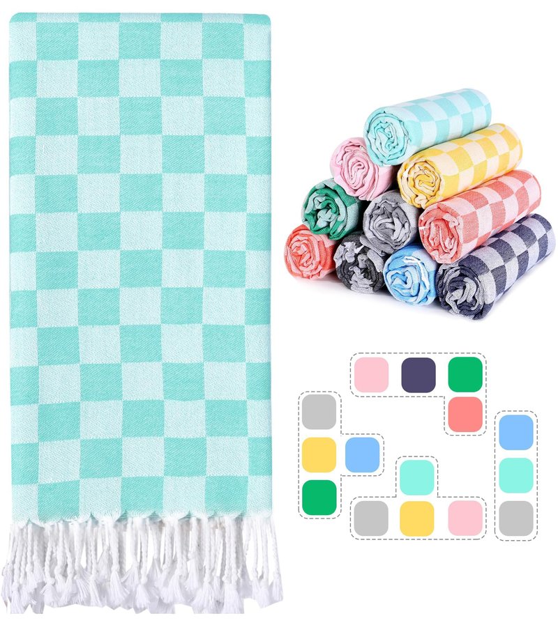 Checkered Plaid Cotton Turkish Beach Towels Sandproof Quick Dry Thin Over Size 40 x 72 Toallas de Playa Organic Blanket Mat Cruise Essentials Summer Vacation Accessories Travel Must Haves Gear Items