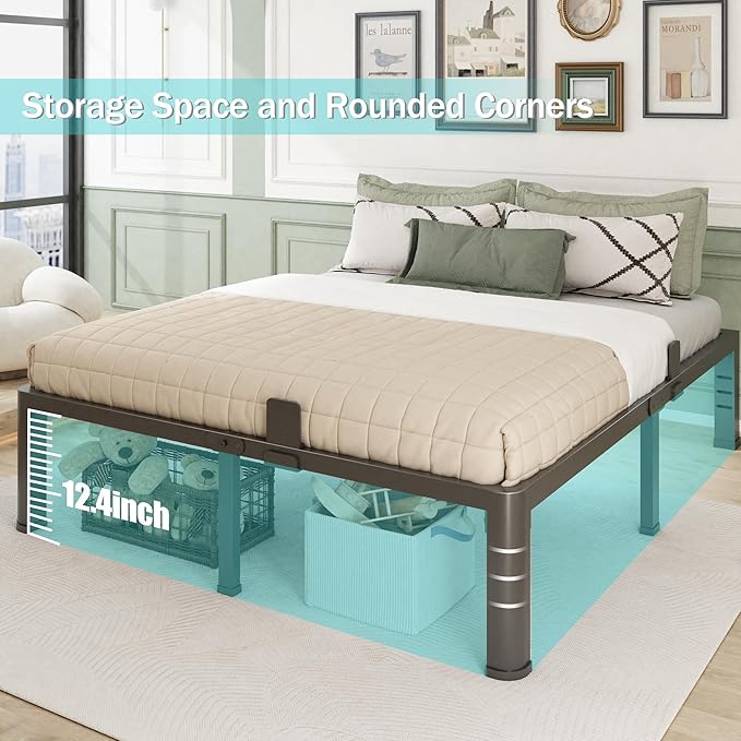 14 Inch King Bed Frame with Rounded Corner and Headboard Hole Mattress Retainers 3500 lbs Heavy Duty Support Metal Platform Bed Frame Noise Free No Box Spring Needed Easy Assembly