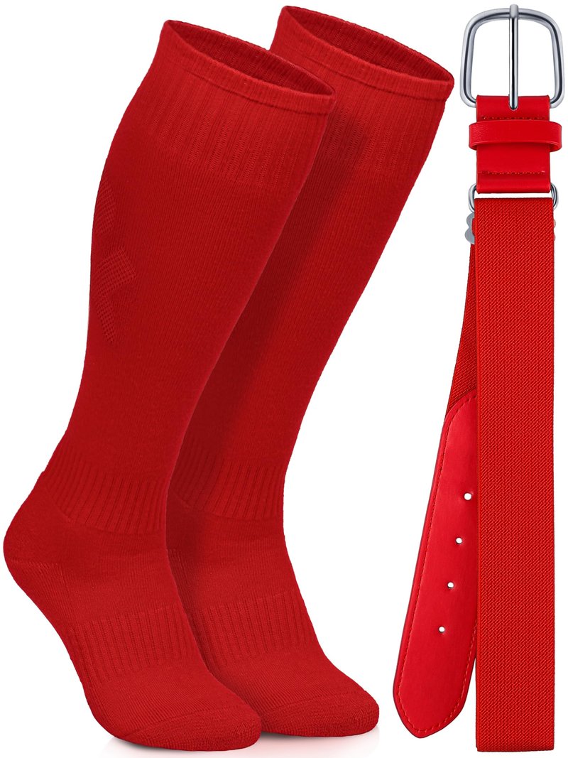 Gnodio Baseball Socks and Belt Combo Set Cotton Boys Adjustable Baseball Softball Socks and Belt for Boys Girls Red,S