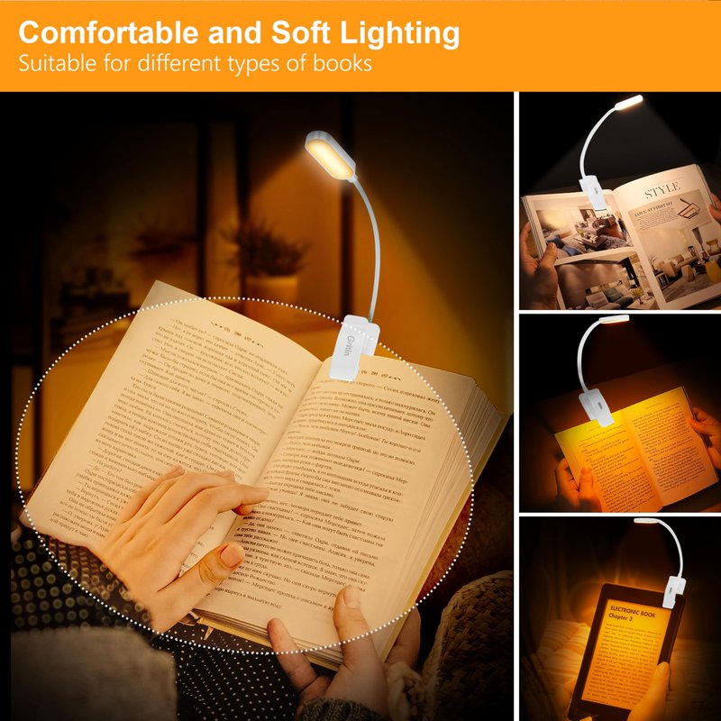 Gritin 16 LED Rechargeable Book Light for Reading in Bed- Eye Caring 3 Color Temperatures, Stepless Dimming Brightness, 80 Hrs Runtime, Lightweight Flexible Clip on Light for Book Lovers-White