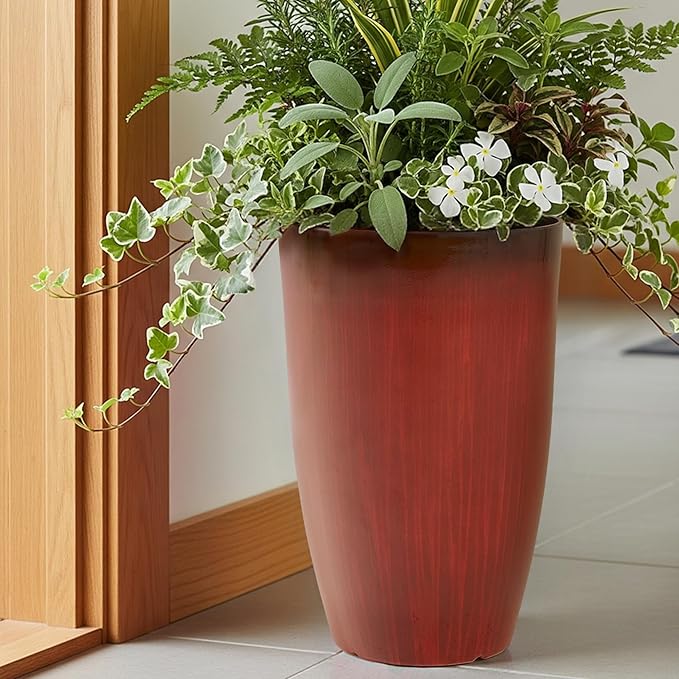 Worth Garden 20" H. Plastic Planters - Set of 2 Gradient Red Glossy Smooth Finish - Tall Plant Pots Drain Hole for Indoor Outdoor Use - Decorative Lightweight Flower Pots for Front Porch, Patio, Deck