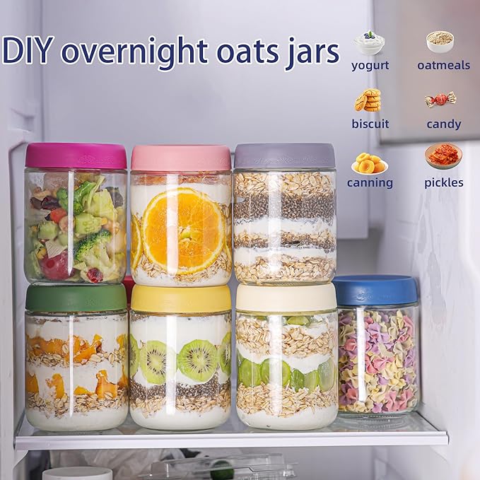 16 OZ 4Pack, Overnight Oats Jars with Lids, Glass Meal Prep Containers, Airtight Mason Jars for Breakfast, Yogurt Parfait, Salad & Smoothies, Leakproof and Reusable Food Storage Jars(4-1)
