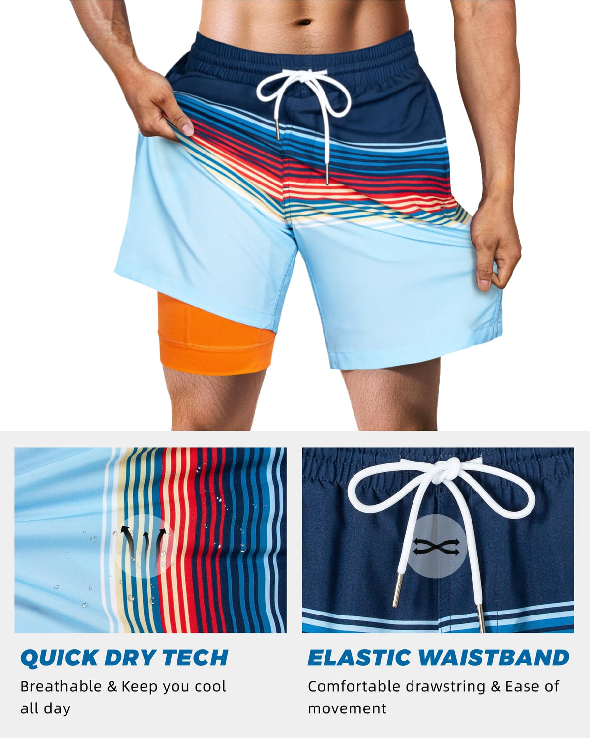 SURF CUZ Mens Swim Trunks with Compression Liner Quick Dry Swim Shorts 7" Swimming Trunks Stretch Zipper Pockets,Colorful Stripes,M
