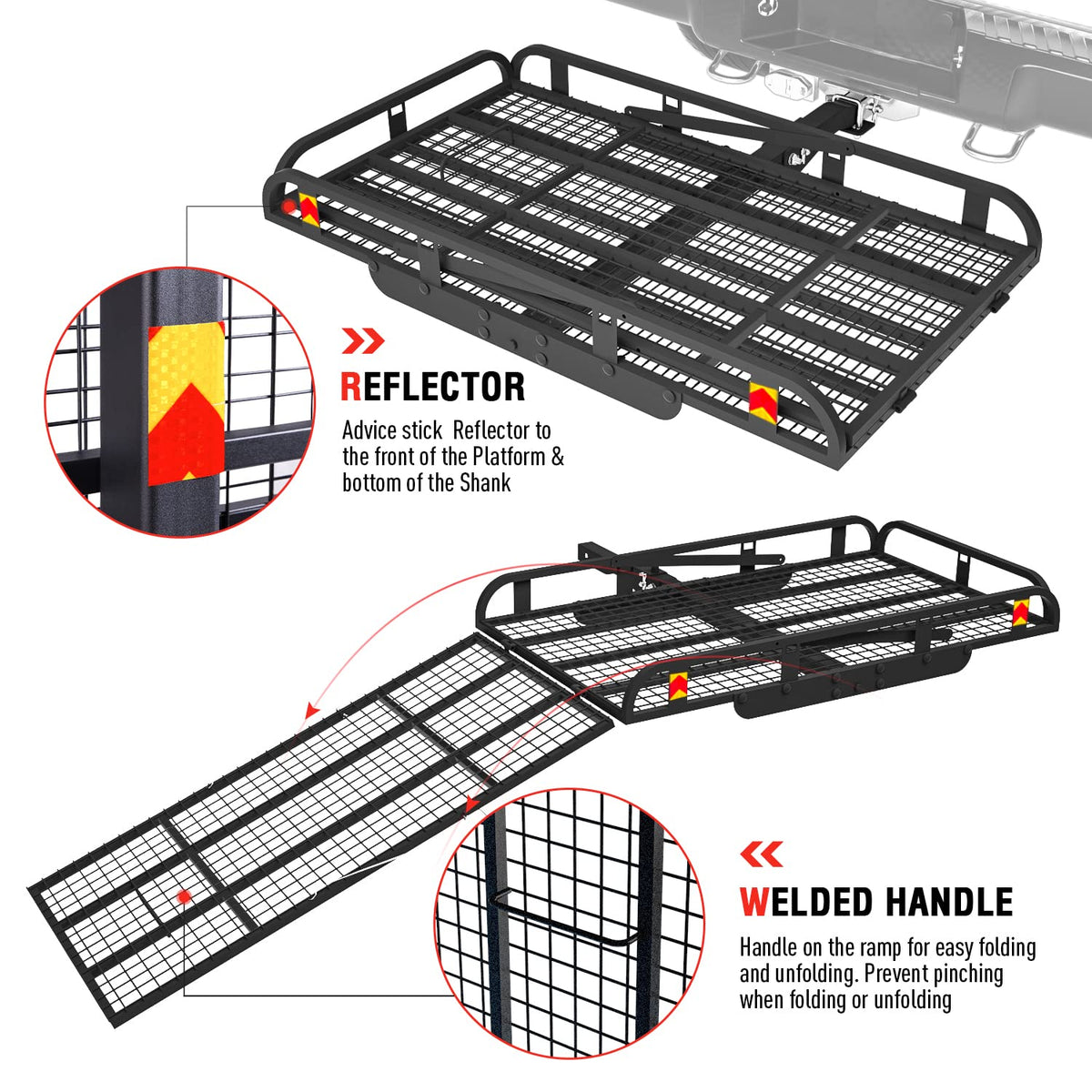 Hitch Mount Steel Cargo Carrier Basket with 49'' Folding Wheelchair Ramp, Fits 2'' Trailer Mounted Hitches
