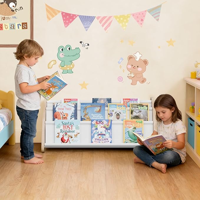 Toddler Bookshelf,4-Tier Book Rack Organizer with Fabric Storage Pockets, Wooden Bookshelves with Open Forward Display, Montessori Book Shelf for Nursery/Playroom, Natural/White