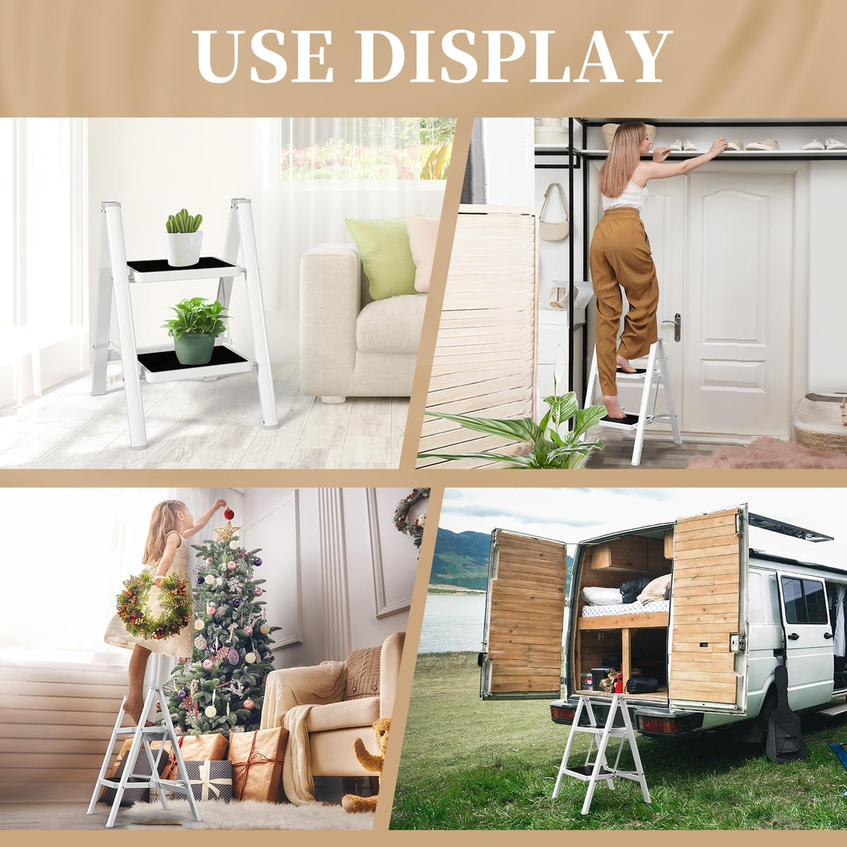 HBTower Step Ladder, Step Ladder Folding Step Stool, Portable Sturdy Steel Stool for Adults with Anti-Slip Wide Pedals Home Outdoor Kitchen, White