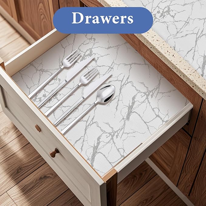 Drawer and Shelf Liner for Kitchen Cabinet: 17 in X 20 Ft Non Slip Waterproof Shelf Paper Non Adhesive Refrigerator Liners Silver Marble Easy Liners for Bathroom with Knife Tape Measure