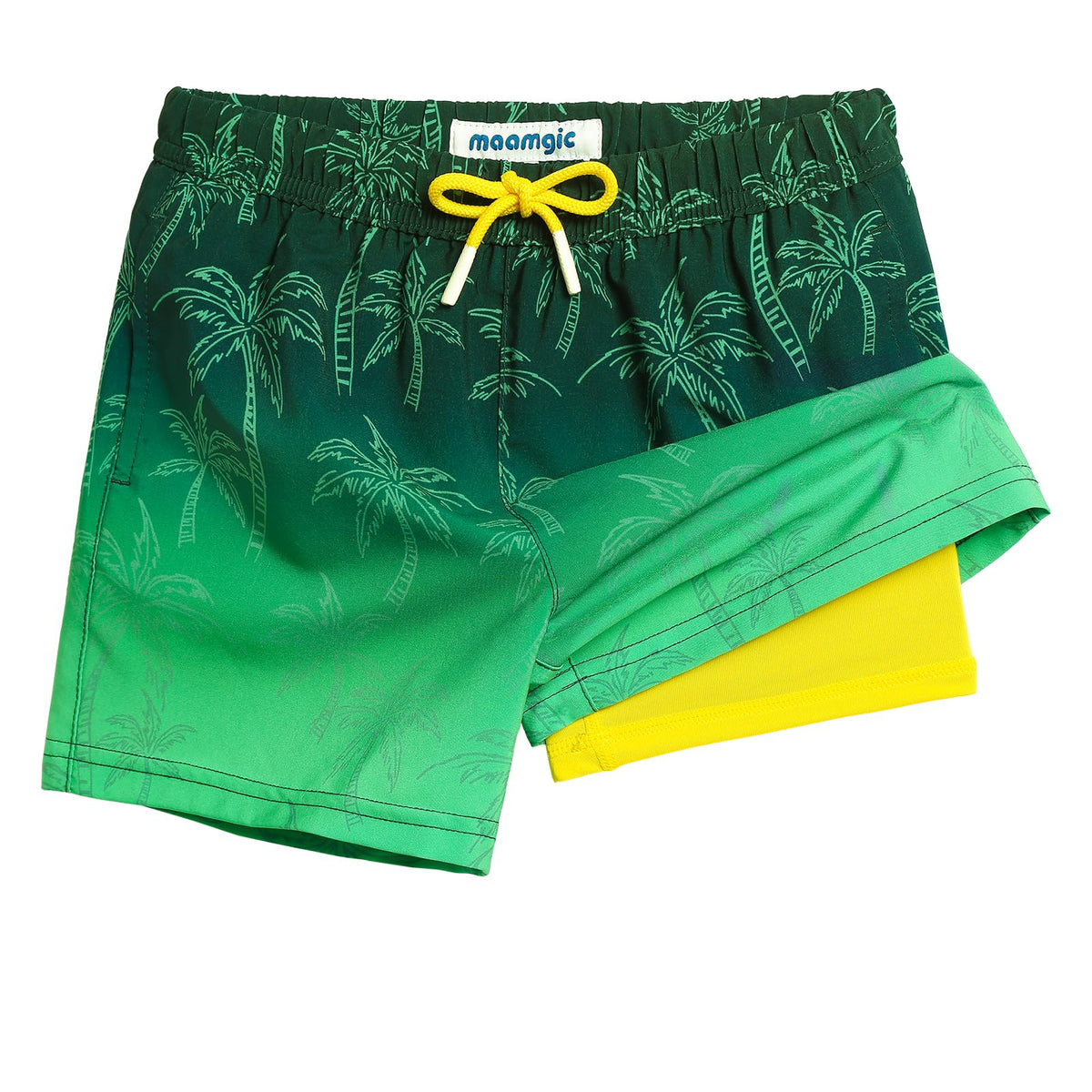 maamgic Boys Swim Trunks with Compression Liner 4-Way Stretch Quick Dry Bathing Suit Toddler Beach Shorts Green Coconut 8 Years