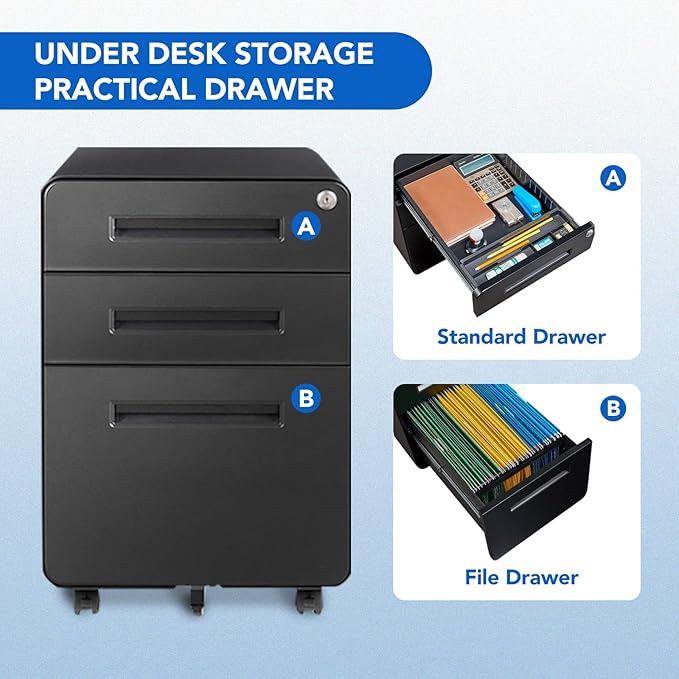 FLEXISPOT 3 Drawer File Cabinet, Mobile Metal Filing Cabinet with Lock,Legal/Letter File Organizer with Wheels for Home Office, Pre-Assembled, Round Corner Design, Black