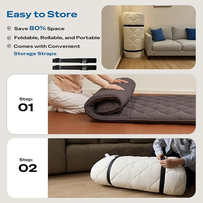 Aircliff Japanese Floor Mattress, Roll Up Tatami Mat, Sleeping Pad, Shikibuton, CertiPUR-US Certified Foam Floor Bed Futon Mattress for Dormitory, Guest Bed, Designed in Japan(Light Grey, Queen)