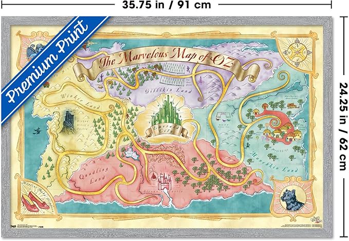 The Wizard Of Oz - Map Wall Poster, 34L" x 22.4W", Gray Framed Version
