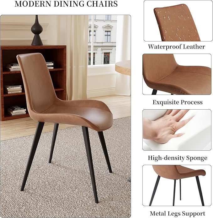 Dining Table Set for 4-6 People, 46 Inch Modern MDF Oak Kitchen Table with 4 Faux Leather Chairs, Rectangular Dining Room Table Set for Home, Small Spaces, Breakfast Nook (Oak Table + 4 Brown Chairs)