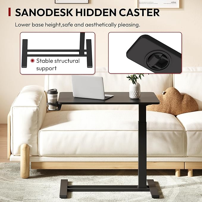 SANODESK Mobile Standing Desk with Hidden Wheels,Pneumatic Laptop Desk Rolling Computer Cart Movable Height Adjustable Small Sit Stand Desk for Home Office(31.5" W x 17.7" D, Black)