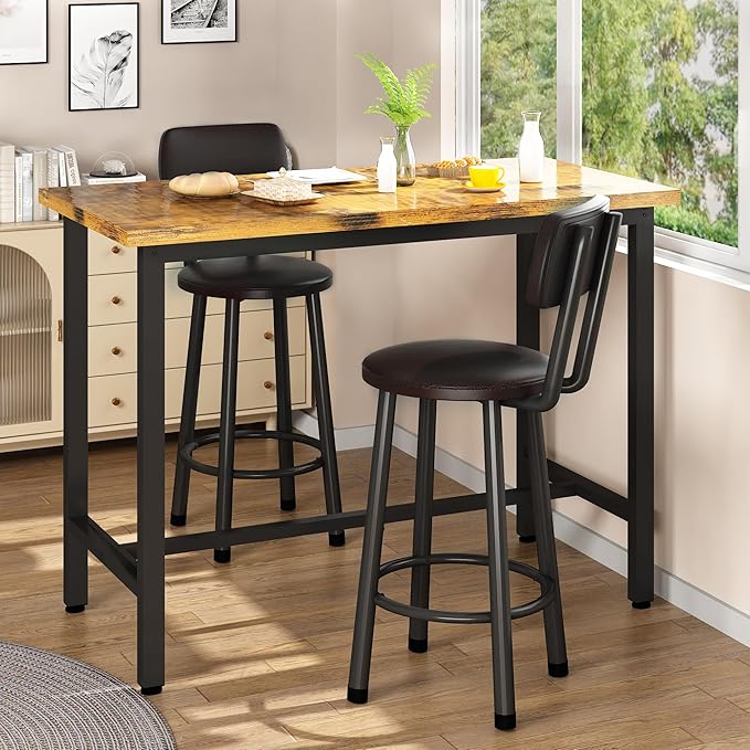 Recaceik 3 Piece Pub Dining Set, Modern bar Table and Stools for 2 Kitchen Counter Height Wood Top Bistro Easy Assemble for Breakfast Nook Living Room Small Space Restaurant, Rustic Brown 39”
