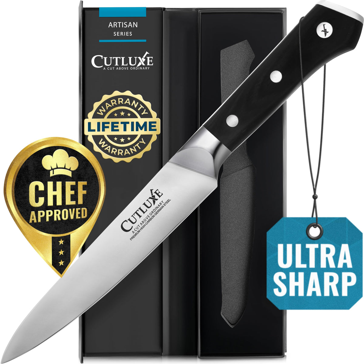 Cutluxe Serrated Tomato Knife – 5" Kitchen Utility Knife for Vegetables, Fruit & Bread – Razor Sharp Forged High Carbon German Steel, Full Tang, Ergonomic Pakkawood Handle – Artisan Series