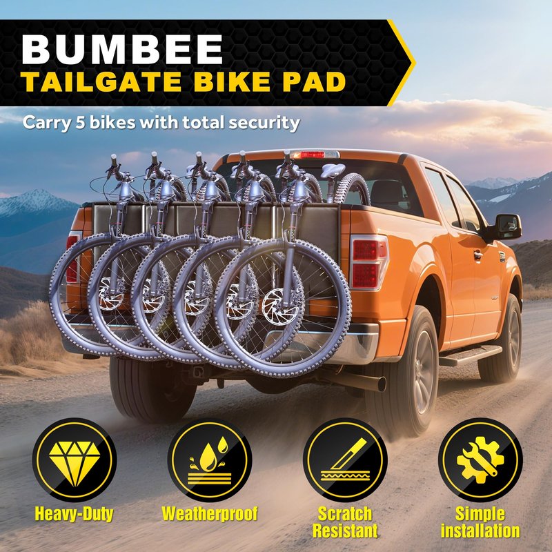 Bumbee Tailgate Bike Pad for 5 Mountain Bikes, with Rear Camera Window, Reflective Strips and 2 Tool Pocket